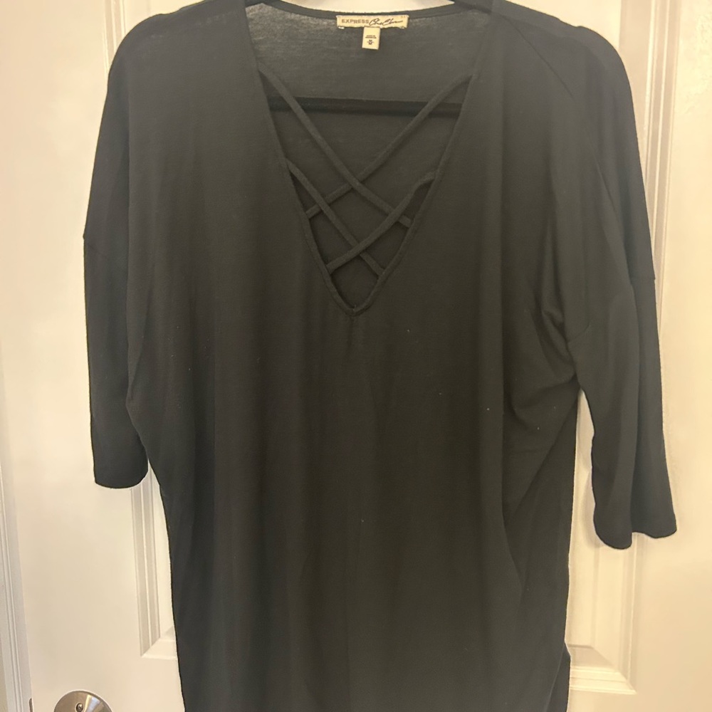 Express Women's Black Top with Crisscross Detail Size Medium
